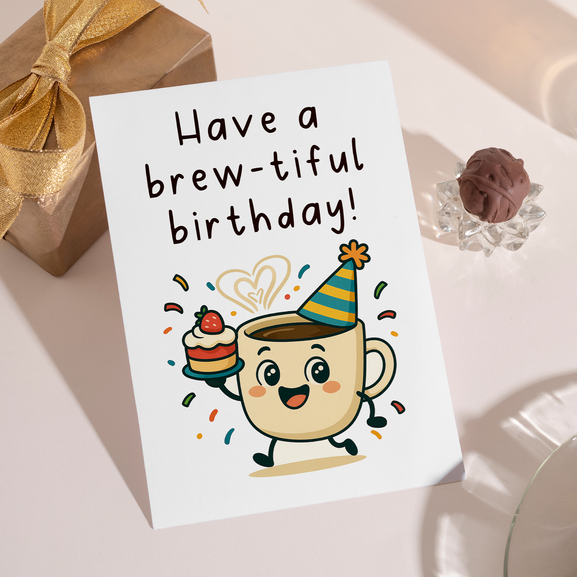 Adorable birthday card for coffee lovers with cute mug character