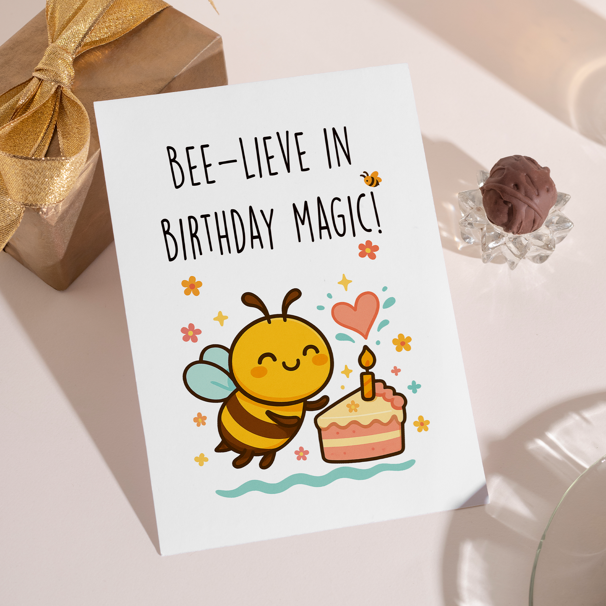 Sweet birthday card design with a cartoon bee hovering beside a pink cake slice and glowing candle. The gentle color palette and cute character bring a magical, feel-good birthday vibe.