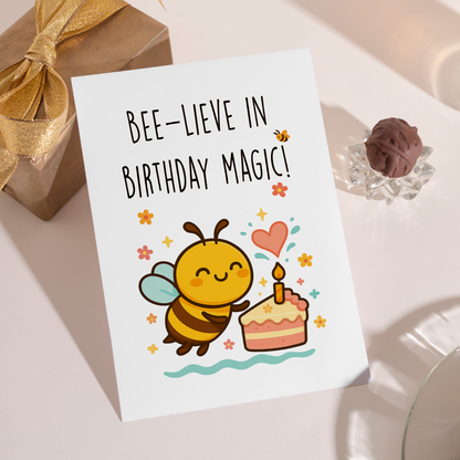 Sweet birthday card design with a cartoon bee hovering beside a pink cake slice and glowing candle. The gentle color palette and cute character bring a magical, feel-good birthday vibe.