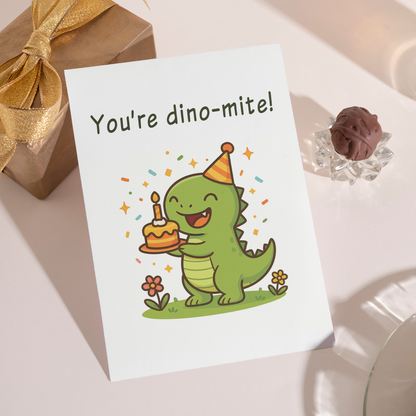 Fun birthday card design with a cartoon dinosaur wearing a party hat and smiling beside a small birthday cake. The soft pastel palette and charming style create a warm and happy birthday vibe.