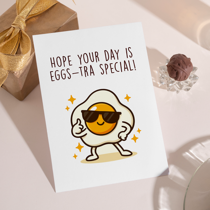 Fun pun-themed card featuring a stylish sunny-side-up egg character surrounded by sparkles. The playful design and friendly expression make this card feel confident, happy, and positive.