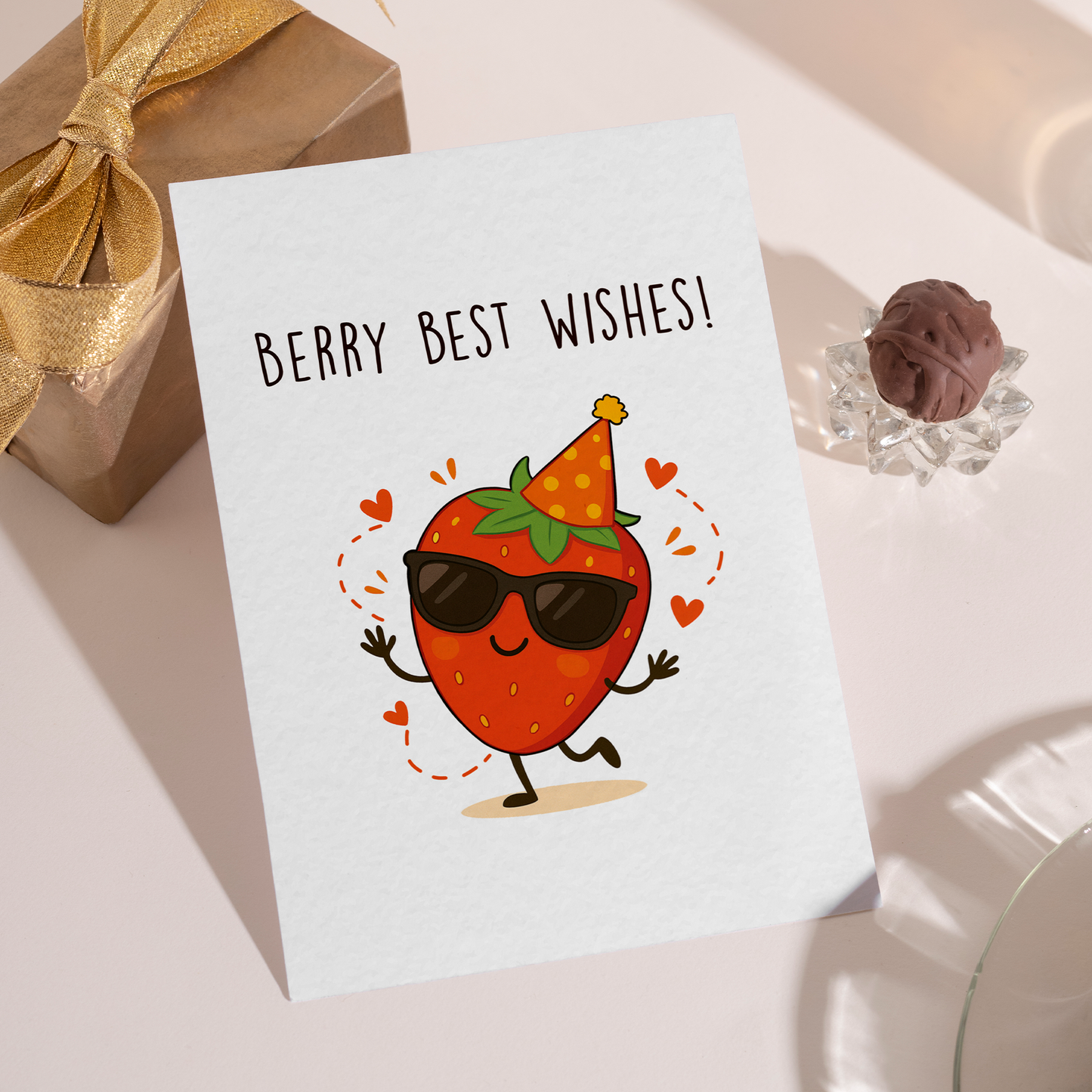 Whimsical greeting card featuring a cartoon strawberry character celebrating with playful details and warm colors. This berry pun card is ideal for sending joyful wishes and smiles.