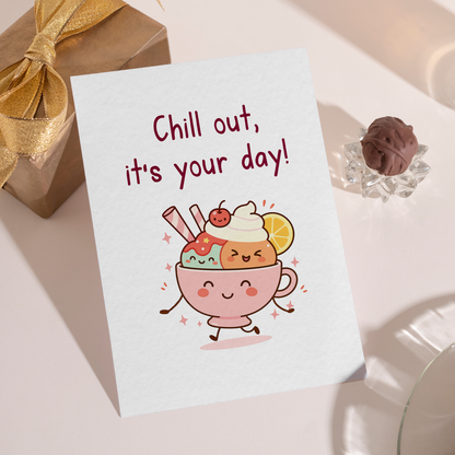 Playful dessert illustration with cute expressions and cozy pastel colors on a clean background. The design feels warm and uplifting, perfect for reminding someone to relax and enjoy their day.