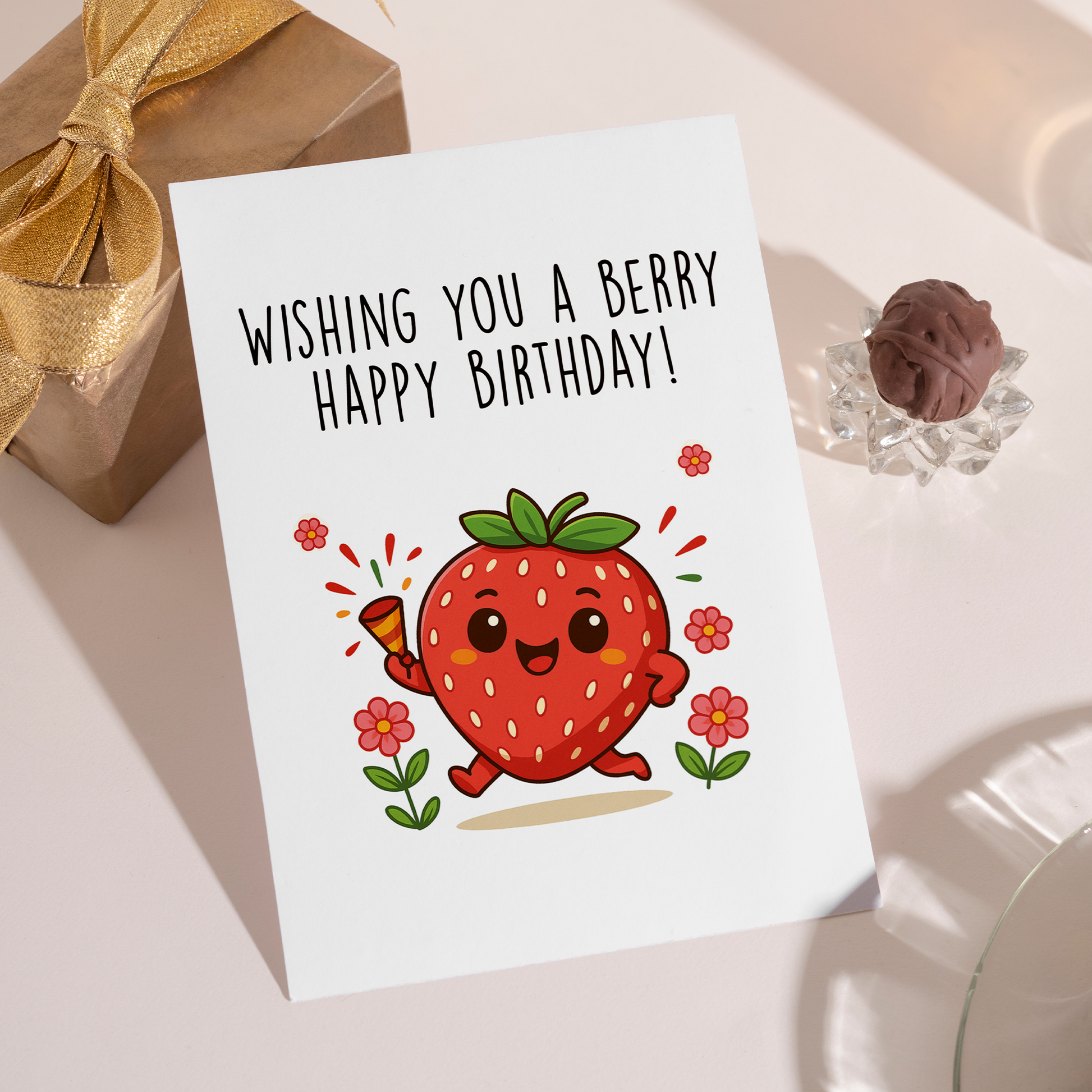 Whimsical birthday card featuring a cute strawberry character celebrating among colorful flowers. The friendly illustration and upbeat mood make it ideal for sending warm and happy birthday wishes.