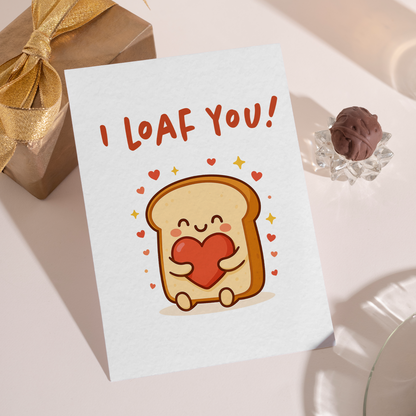 Playful bread illustration holding a heart, accented with small hearts and sparkles. This lighthearted greeting card is perfect for expressing love in a cute and charming way.