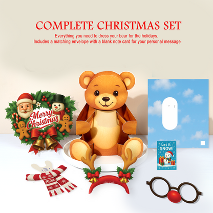 Complete Christmas set with teddy bear, Santa Claus wreath, scarf, hat, glasses, and card on a beige background.