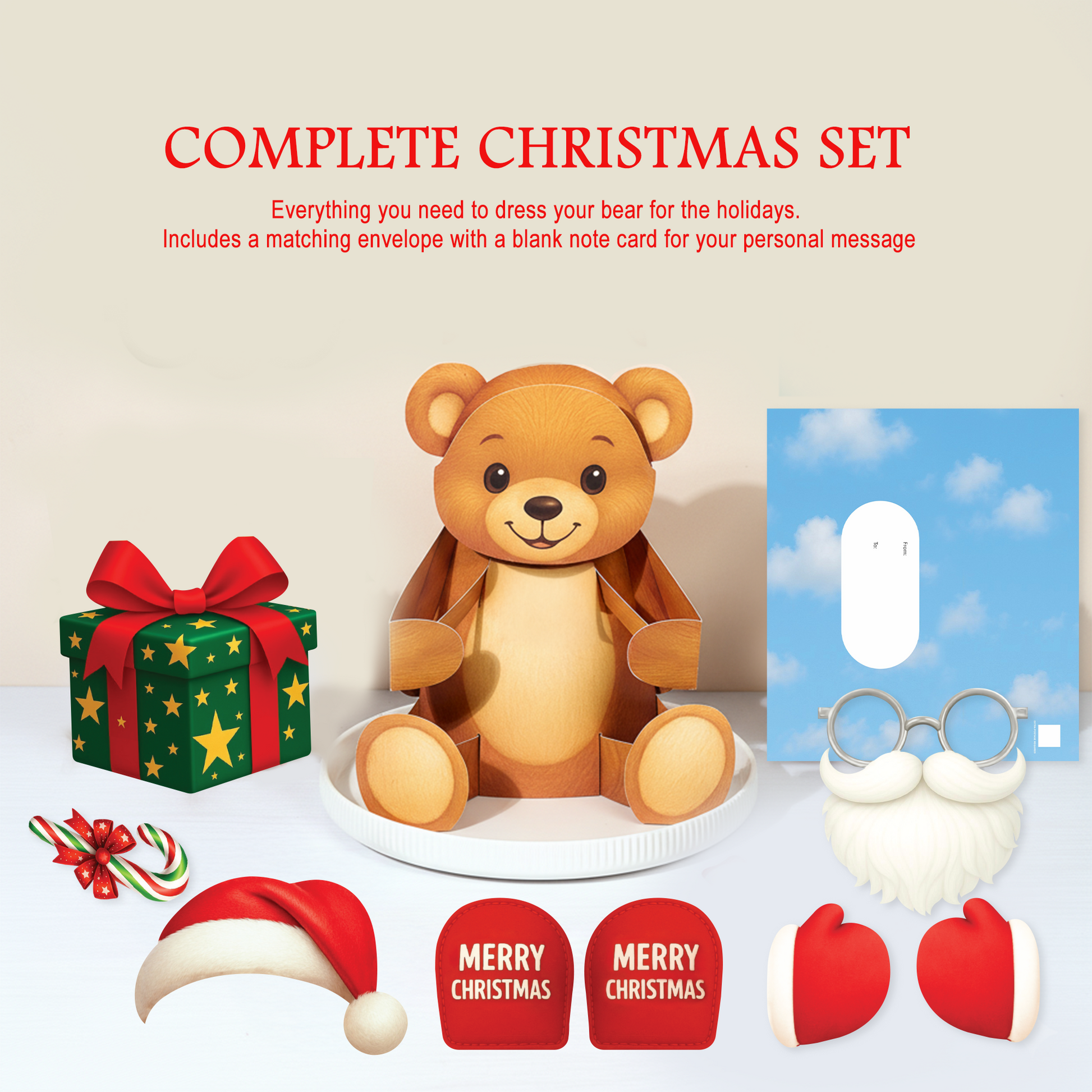 Complete Christmas set with teddy bear, gift, Santa hat, and accessories on a beige background.