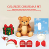 Complete Christmas set with teddy bear, gift, Santa hat, and accessories on a beige background.