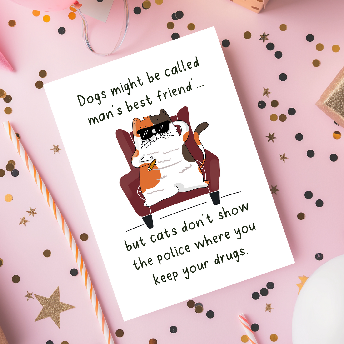 Humorous cat greeting card showing a chubby illustrated cat lounging in an armchair with sunglasses and attitude. The playful quote highlights cat loyalty and independence, making it ideal for fans of witty and sarcastic designs.