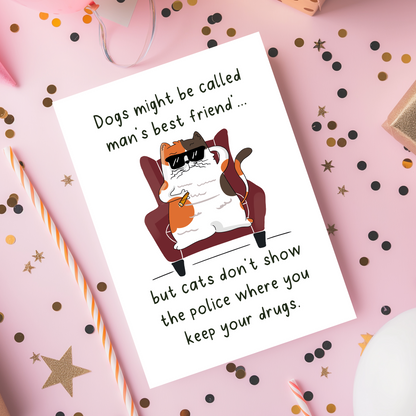 Humorous cat greeting card showing a chubby illustrated cat lounging in an armchair with sunglasses and attitude. The playful quote highlights cat loyalty and independence, making it ideal for fans of witty and sarcastic designs.