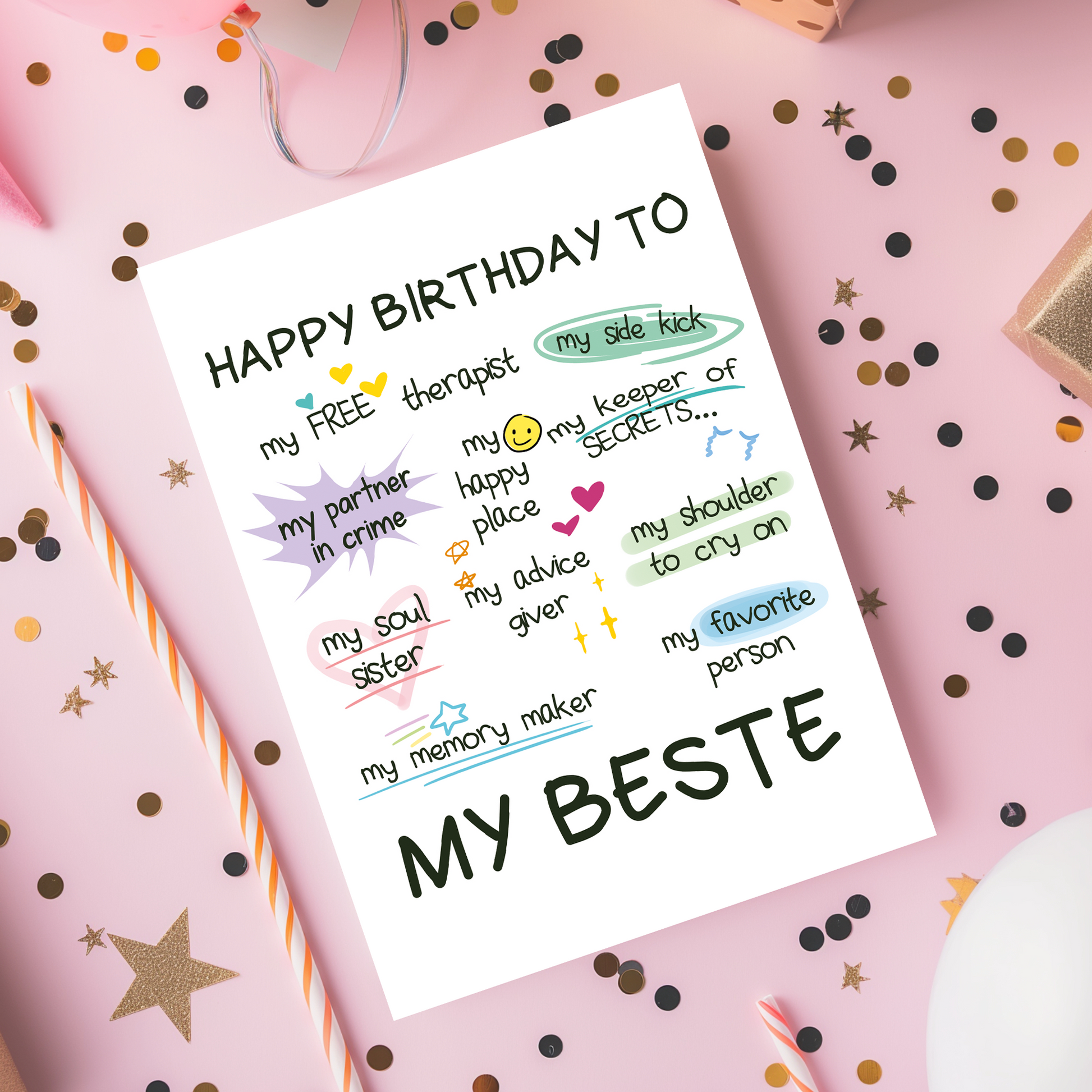 Birthday greeting card designed for best friends, featuring playful doodles, hearts, and affirming phrases. The layout feels warm, personal, and perfect for celebrating a close bond.