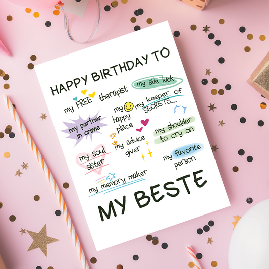 Birthday greeting card designed for best friends, featuring playful doodles, hearts, and affirming phrases. The layout feels warm, personal, and perfect for celebrating a close bond.