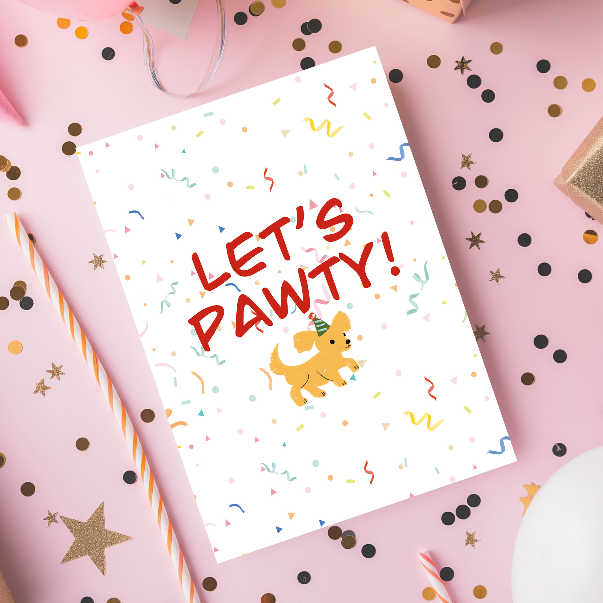 A cheerful puppy birthday card designed with playful colors, confetti shapes, and a joyful party theme. This “Let’s Pawty!” card is perfect for celebrating birthdays with a cute, lighthearted, and happy vibe.