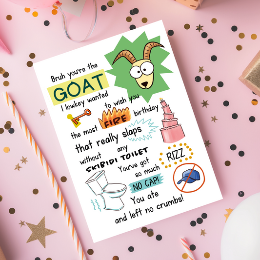 Humorous greeting card with phrases like GOAT, rizz, no cap, and fire birthday. Designed for fans of internet humor and trendy slang.