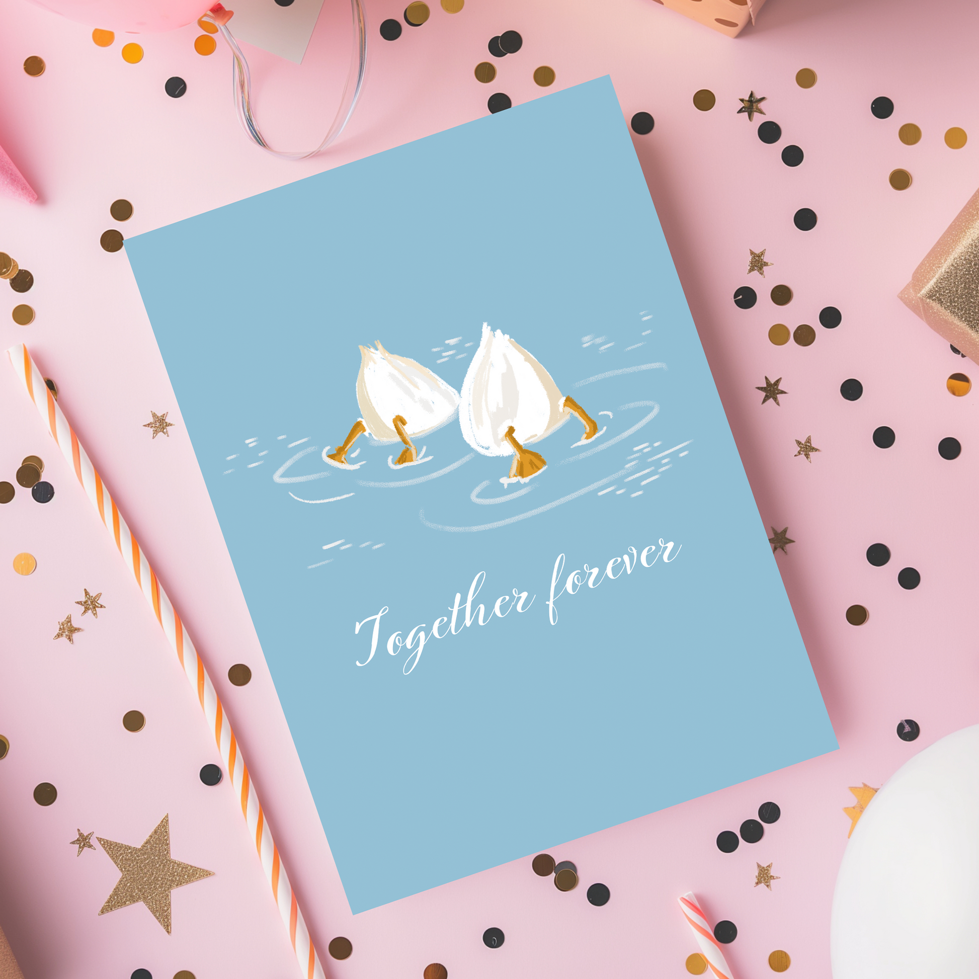 Romantic illustrated card with pastel colors showing two garlic characters symbolizing partnership and lasting love. Perfect for anniversaries, weddings, or thoughtful everyday gifting.