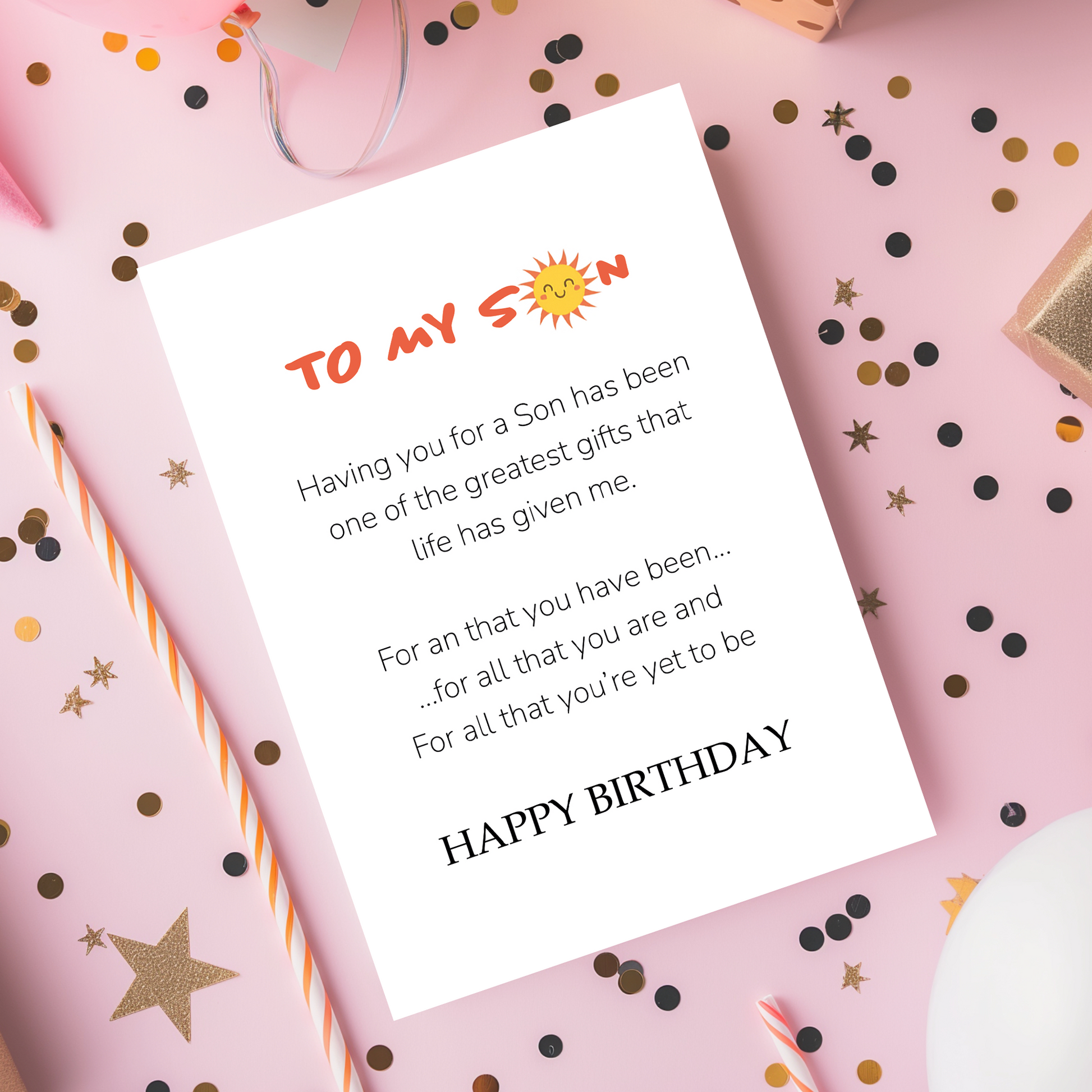 To my son birthday card with heartfelt typography and a soft sun graphic at the top. The minimal layout creates an emotional and meaningful keepsake for sons of any age.