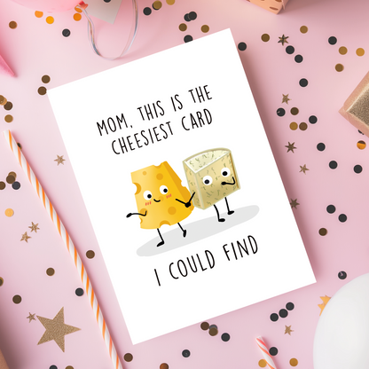 Cheesy greeting card for mom with adorable illustrated cheese figures and simple typography. A fun and sweet card perfect for Mother’s Day or birthdays.