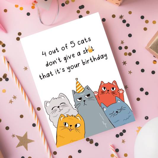Humorous greeting card with illustrated cats and a cheeky birthday message. Ideal for friends, coworkers, or anyone who appreciates cat attitude jokes.