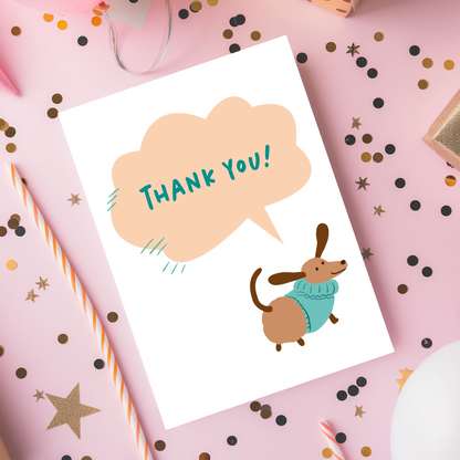 Whimsical thank you greeting card featuring a smiling dachshund in a knit sweater. Ideal for thanking friends, coworkers, or loved ones.