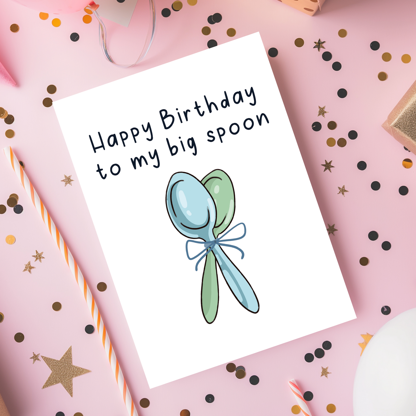 Minimalist birthday card with illustrated spoons and the text happy birthday to my big spoon. The design feels affectionate, simple, and perfect for couples who enjoy subtle humor.