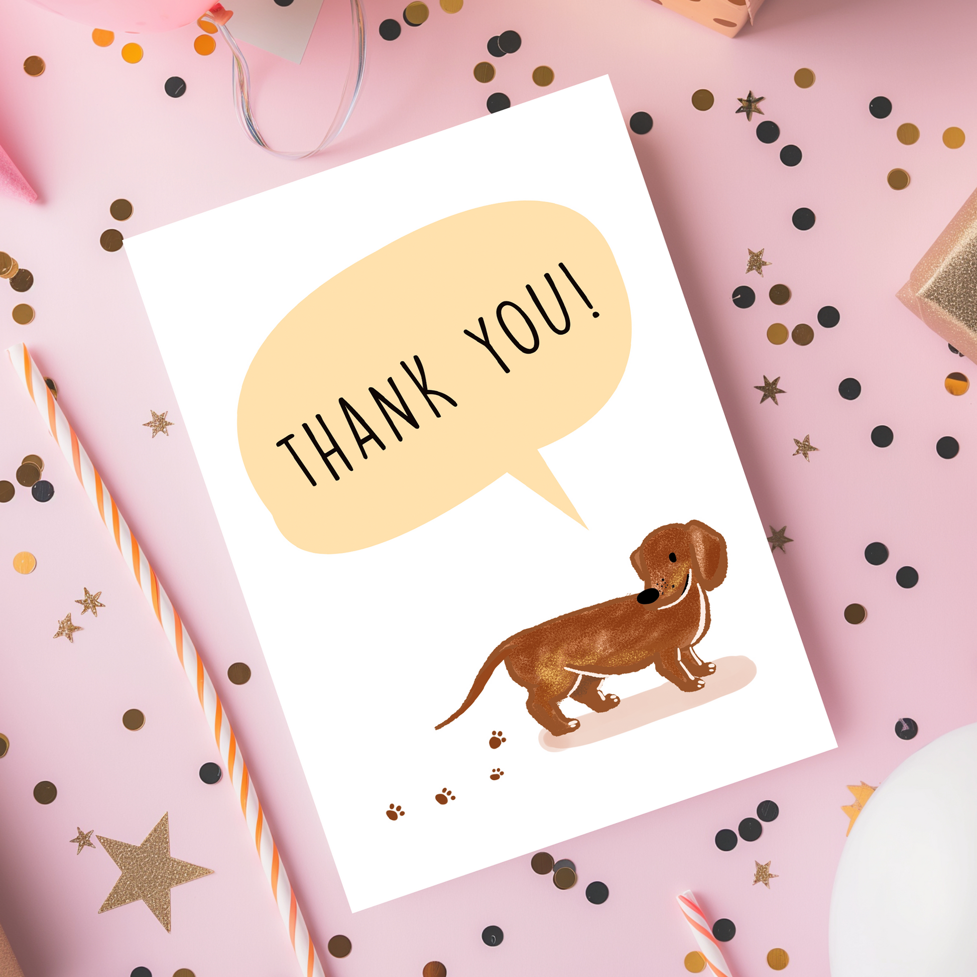 Playful thank you greeting card with a charming dog illustration on a clean white background. Perfect for expressing appreciation in a sweet and casual way.