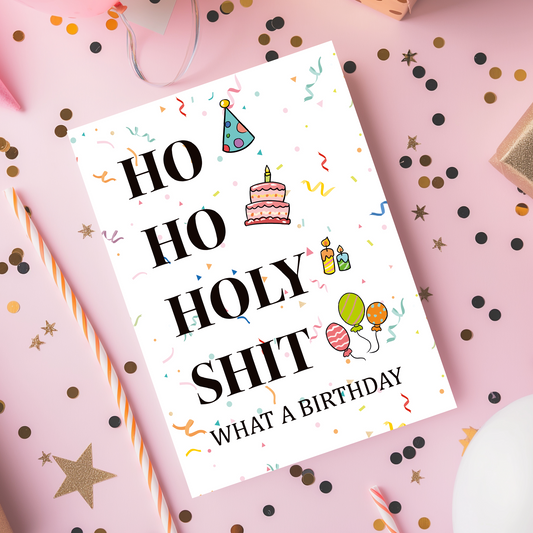 Cheeky birthday card with confetti and celebration icons that capture surprise and excitement. Perfect for women who love witty, expressive birthday cards.