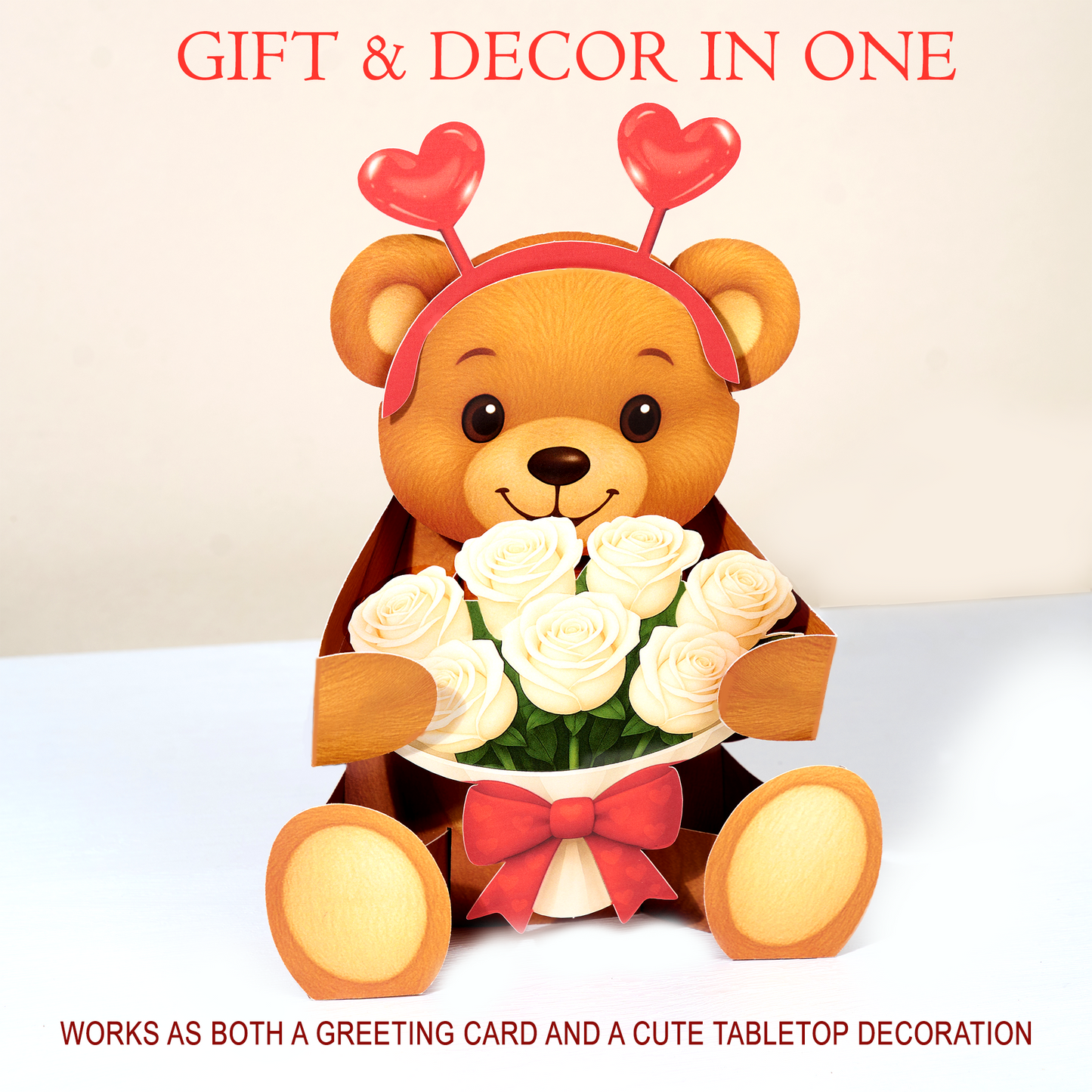 Teddy bear with flowers and hearts, designed as a gift and decor item.