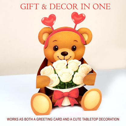 Teddy bear with flowers and hearts, designed as a gift and decor item.