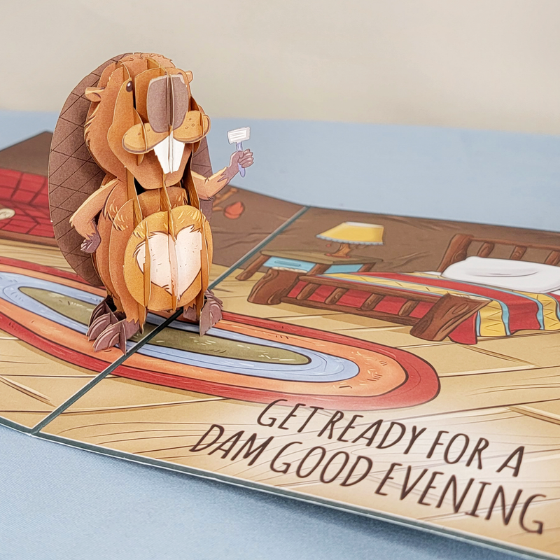 Adorable beaver paper cutout wields a shaver, revealing a shaved heart on its belly