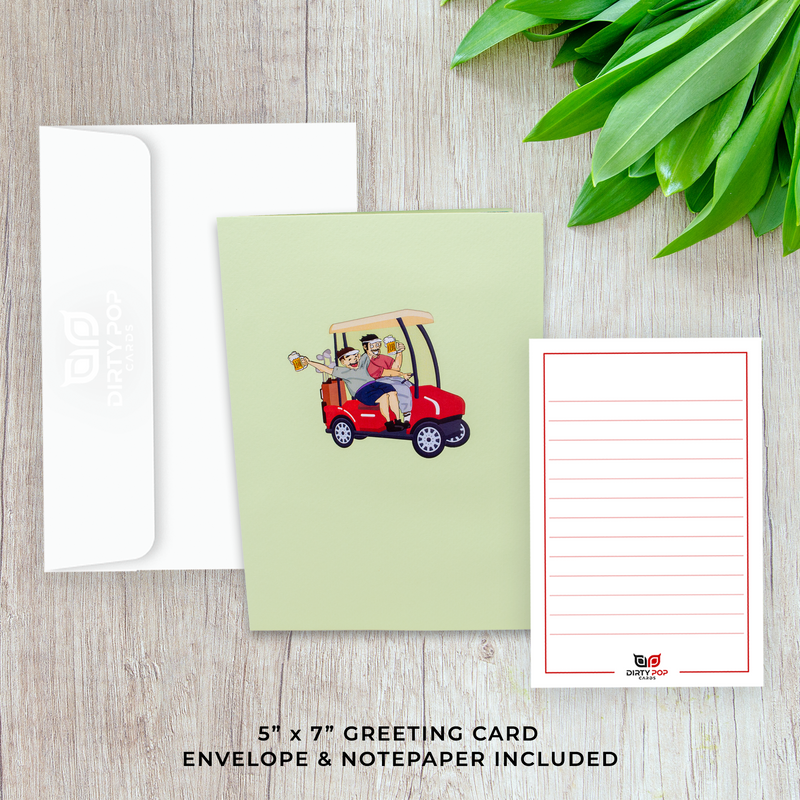 A hilarious pop-up celebration card showing two men laughing while driving a golf cart in a cartoon style