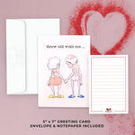 Celebrate love and laughter with this funny anniversary card! It showcases an older couple, holding hands and sharing a loving gaze.