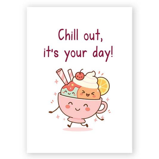 Cute illustrated dessert cup with smiling ice cream scoops, whipped cream, and pastel decorations on a white background. This playful greeting card design feels cheerful, relaxing, and perfect for celebrating a special day.