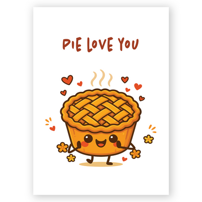 Cute greeting card illustration of a smiling cartoon pie with a woven crust and warm golden colors. Small hearts and flowers around the pie create a cozy and loving mood.