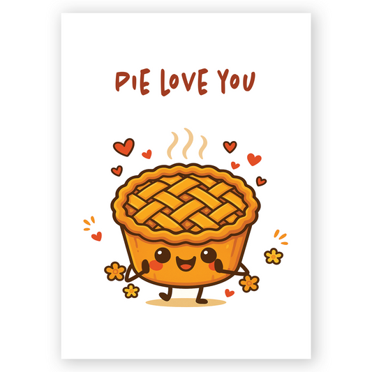 Cute greeting card illustration of a smiling cartoon pie with a woven crust and warm golden colors. Small hearts and flowers around the pie create a cozy and loving mood.
