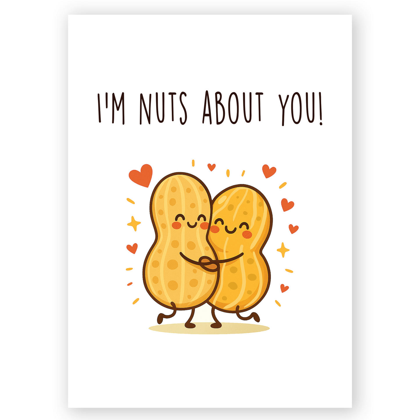 Cute love card illustration showing two smiling peanut characters hugging with hearts floating around them. A playful “I’m Nuts About You” design perfect for Valentine’s Day or romantic gift cards.