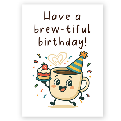 Cute coffee cup birthday card with cake and party hat