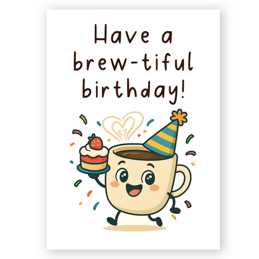 Cute coffee cup birthday card with cake and party hat
