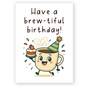 Cute coffee cup birthday card with cake and party hat