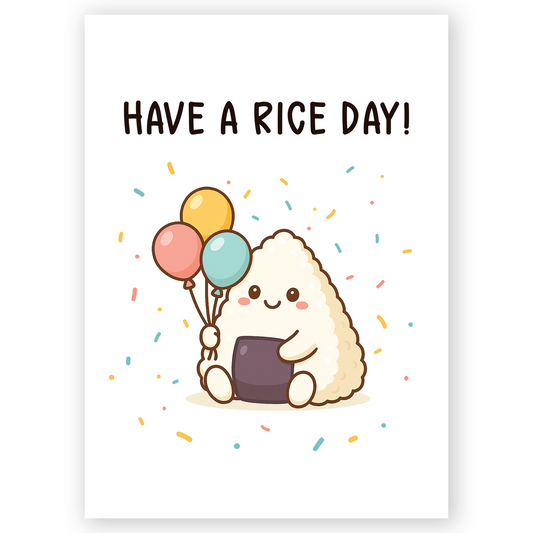 Cute greeting card illustration of a smiling rice character holding colorful balloons. Confetti surrounds the character, creating a joyful and celebratory mood.