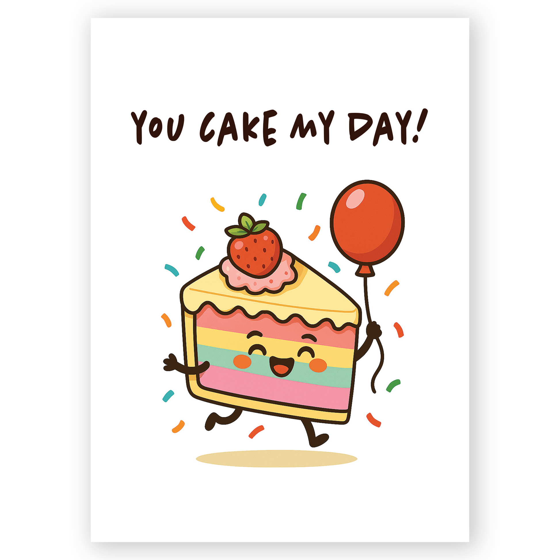 Cute birthday card illustration of a smiling rainbow layer cake holding a red balloon with colorful confetti on a white background. The playful cartoon style creates a joyful and sweet birthday vibe.
