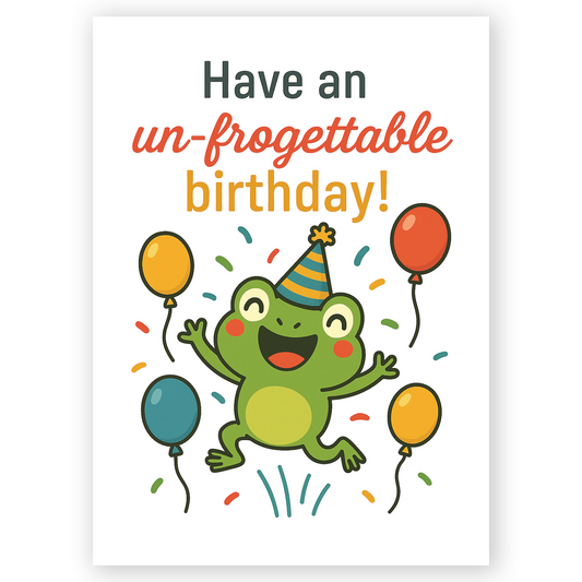 Cute cartoon frog wearing a party hat and jumping with balloons around it. This playful birthday card features bright colors, confetti, and the phrase “Have an un-frogettable birthday!”