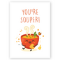 Cute illustrated soup bowl with a happy face, warm steam rising, and playful heart accents on a white background. This fun greeting card design feels cozy, uplifting, and perfect for sharing encouragement or appreciation.