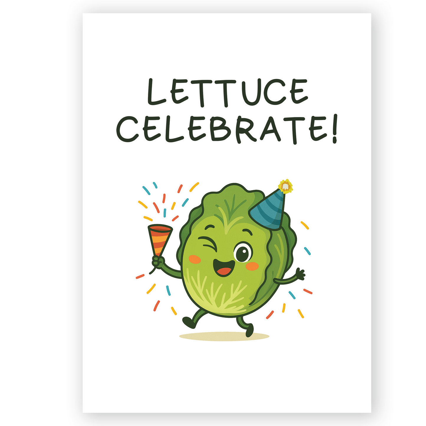 Cute lettuce birthday card with party hat and confetti