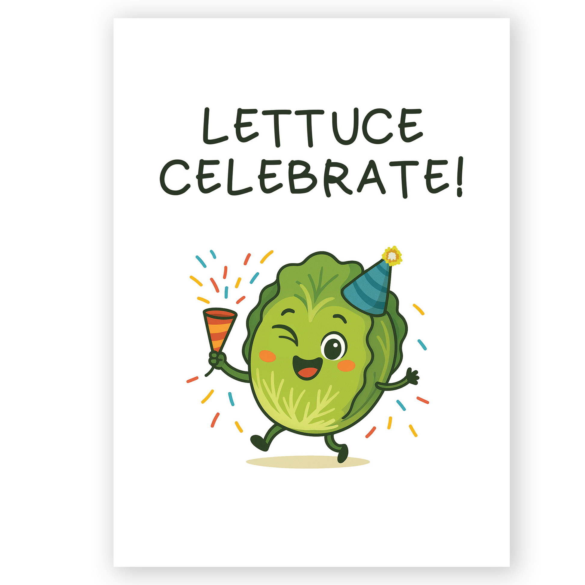 Cute lettuce birthday card with party hat and confetti