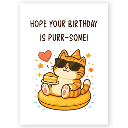 Cute birthday card illustration of a relaxed cartoon cat wearing sunglasses while holding a slice of cake. The playful cat sits on a yellow float with hearts and confetti creating a fun celebratory mood.