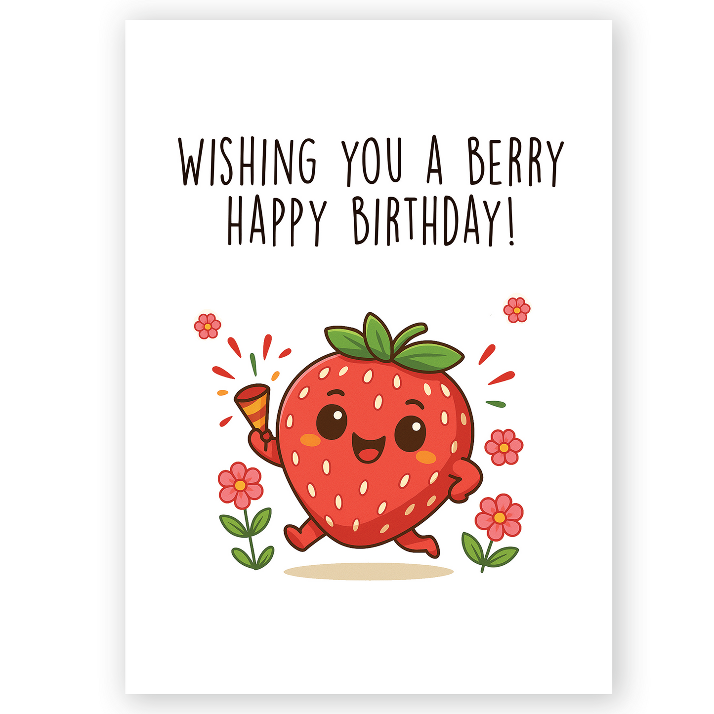 Cute birthday card featuring a happy strawberry character holding a party horn and surrounded by small flowers. The bright colors and playful illustration create a joyful and sweet birthday celebration vibe.