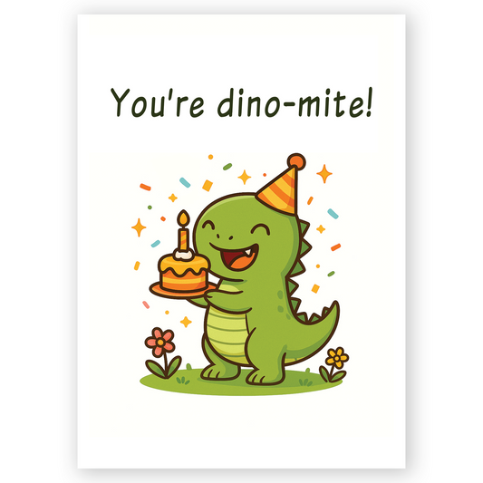 Cute birthday card illustration of a smiling green dinosaur wearing a party hat and holding a small cake with a lit candle. The playful design and soft colors create a fun and joyful birthday mood.