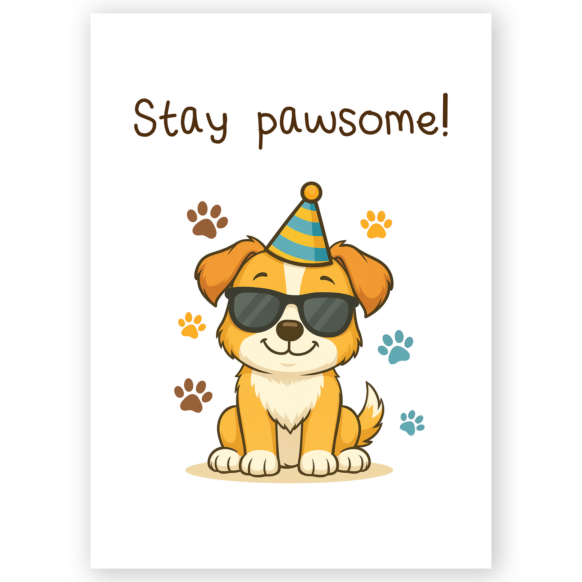 Cute greeting card featuring a smiling dog wearing sunglasses and a party hat with colorful paw prints around. The playful “stay pawsome” message gives this card a fun, upbeat, and encouraging vibe.