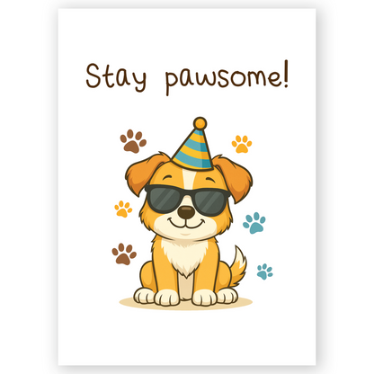 Cute greeting card featuring a smiling dog wearing sunglasses and a party hat with colorful paw prints around. The playful “stay pawsome” message gives this card a fun, upbeat, and encouraging vibe.