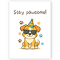 Cute greeting card featuring a smiling dog wearing sunglasses and a party hat with colorful paw prints around. The playful “stay pawsome” message gives this card a fun, upbeat, and encouraging vibe.